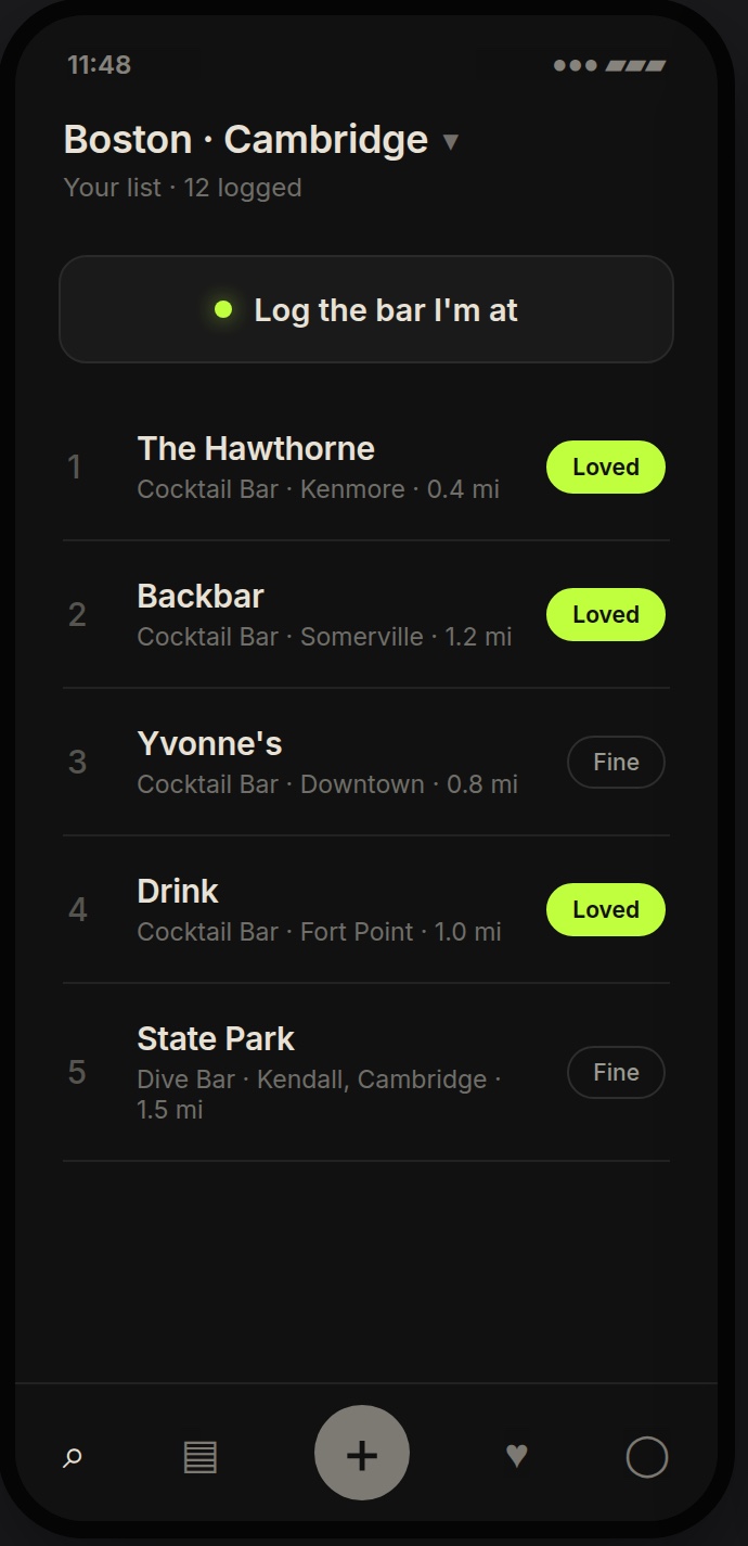 Rounds app: a ranked list of Boston cocktail bars — The Hawthorne, Backbar, Yvonne's — with loved and fine ratings